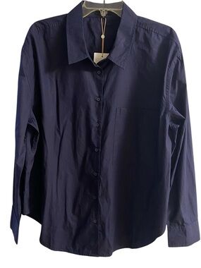 Quince boyfriend poplin Navy Button-Up Long Sleeve Shirt Large NWT